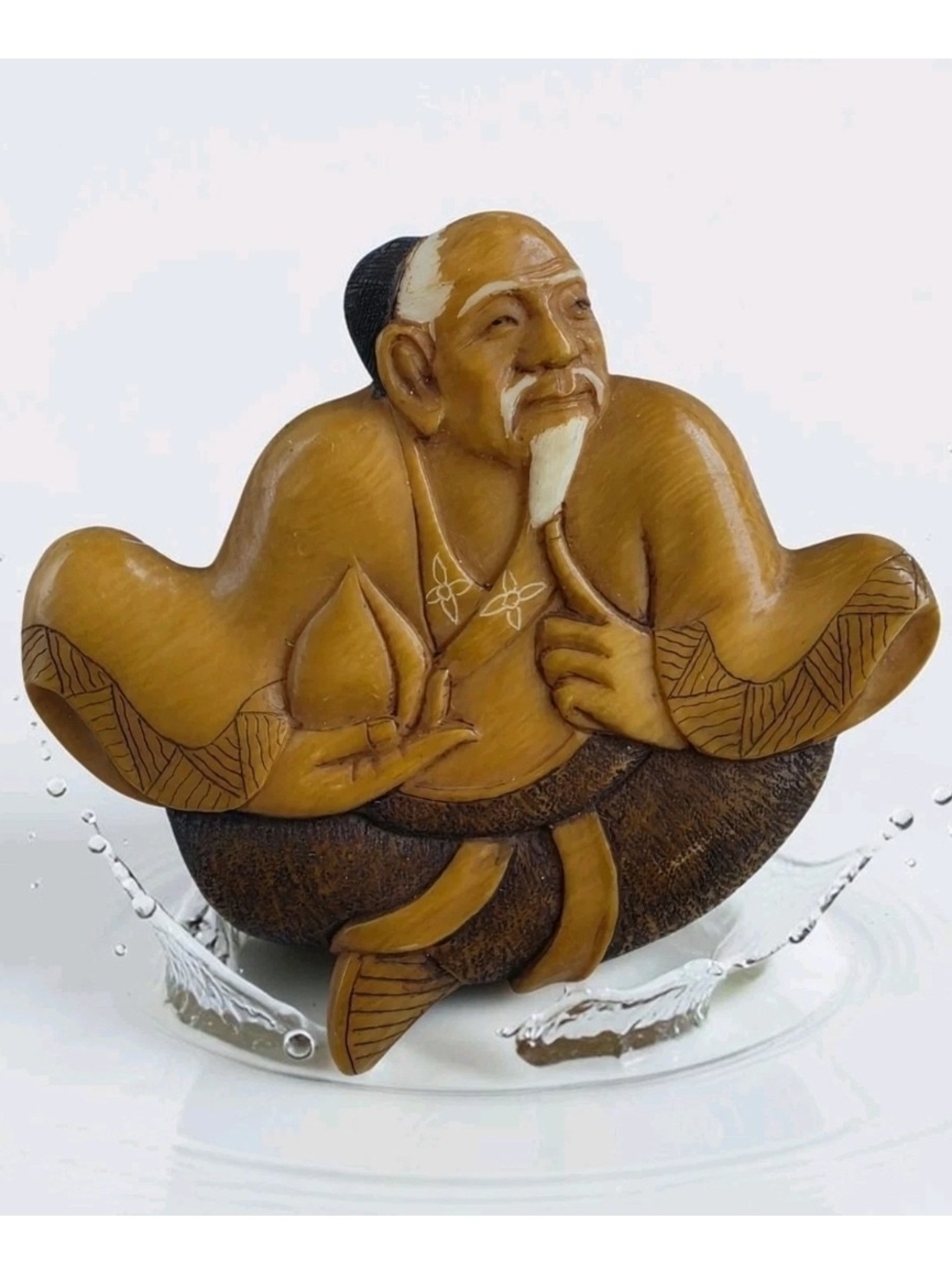Vintage Japanese Jurojin Lucky God Bakelite Brooch Signed Silver Trombone Clasp